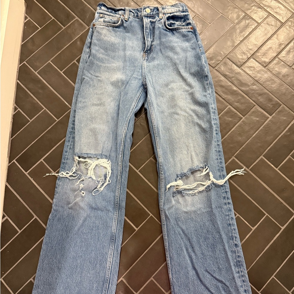 Reformation Blue Straight Leg Jeans with Vintage Distressing